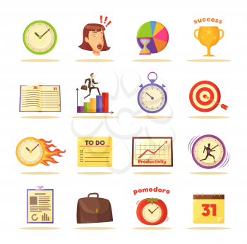 Wall clocks, visual graphics, to do list, wall calendar, leather briefcase, paper notebook and pad, aim with arrow and gold cup vector illustrations.