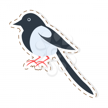 Cute funny black white magpie vector flat cartoon sticker or icon outlined with dotted line isolated on white. Wild bird or poultry illustration for game counters, price tags