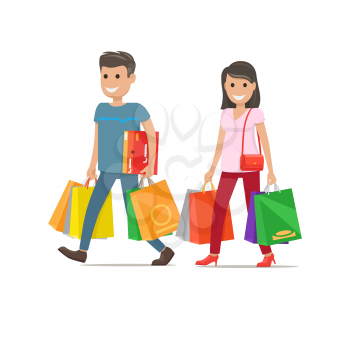 Woman with purse and man with box go and carry bags on white background. Cartoon couple has fun during shopping. Isolated vector illustration husband and wife make purchases and spend time together.