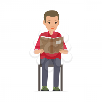 Relaxing process of man reading published edition. Male person attentively looking at book gets to know new information. Vector illustration with white background of learning process in flat style