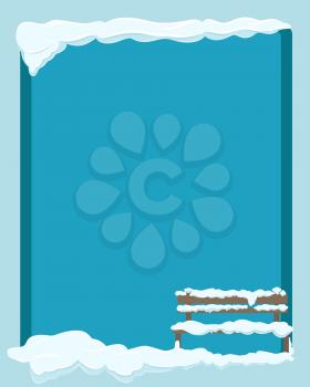 Wooden isolated bench under white snow in corner of dark blue background covered with snow with empty space for inscriptions. Vector illustration in flat design of frosty winter weather outdoors.