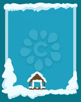 Winter landscape with gazebo and fir trees covered with snow on dark sky background. Picture for winter holidays postcard. Vector illustration banner with icicles on poster with empty space add wishes