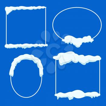 Thin lined frame collection with snow on blue background. Borders with space for text of oval and square shapes vector winter poster template. Frame festive collection with piles of white snow