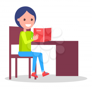 Cheerful child sits at a wooden table with a textbook and does homework isolated cartoon flat illustration on a white background.
