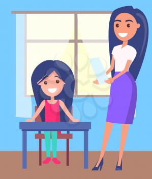 Schoolgirl sitting near window, pretty teacher stands behind her with sheet of paper, vector illustration in back to school concept.