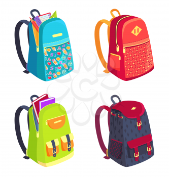 Set of schoolbags for kids side view, open and closed backpacks with stationery accessories isolated on white. Rucksack with pockets and fasteners