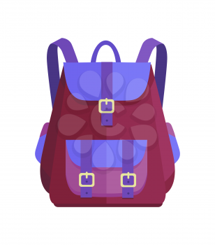 Rucksack unisex in purple and blue colors with big pocket and metal fasteners vector illustration isolated on white. Backpack in back to school concept