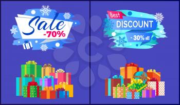 Final sale - 70 best discount - 30 off pile of presents in decorative wrapping paper isolated on blue vector, shopping labels with snowflakes