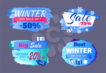 Winter big sale 2017 price discount -70 only today offer -20 best tags set of seasonal labels vector illustrations on blue, snowflakes and presents