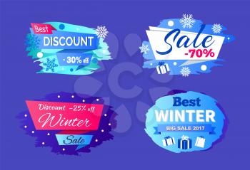Best big winter 2017 sale clearance on set of four colorful signs on blue background. Vector illustration with seasonal discount advert labels