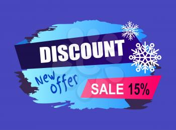 Winter discount new offer promotion -15 isolated on dark blue background. Vector illustration with sign of sale advert decorated with snowflakes