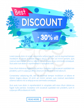 Best discount -30 off winter sale label with snowballs and snowflakes on abstract blue background, seasonal vector tag on ribbon on online poster