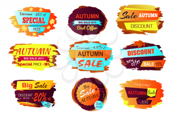 Autumn sale best offer golden yellow sign on white background. Vector illustration with special offer advert with different discount values