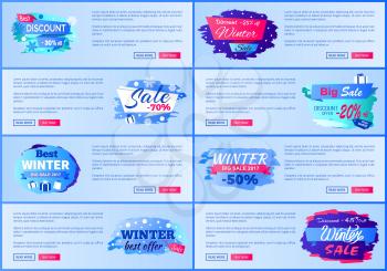 Best discount -30 off winter sale, collection of web pages with different headline decoration and text sample on vector illustration