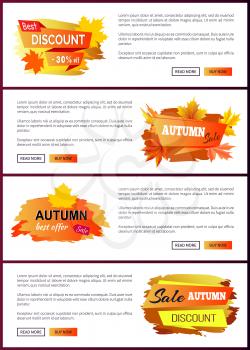 Set of leaflets with foliage autumn big sale 2017 best offer special price discounts on fall collection web banners, buttons read more and buy now vector