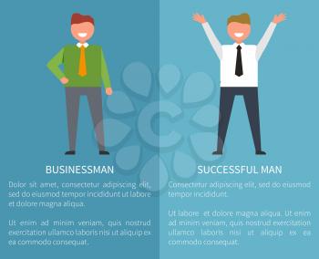 Businessman and successful man posters with text on blue background. Neatly-dressed men posing expressing emotions of joy and happiness vector
