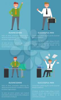 Set of icons successful man with text sample and pictures of emotional worker and employee doing his job at office vector illustration