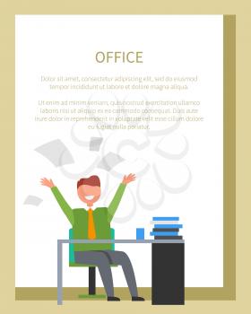Office worker businessman at work vector of happy man sitting and desk with pile of books and throwing up his papers on white with frame for text.