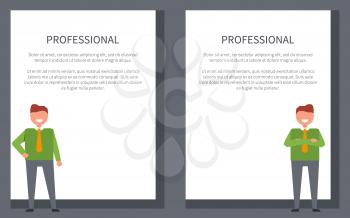 Professional businessman posters set with smiling men standing with crossed hands vector illustration with place for text in frame on white