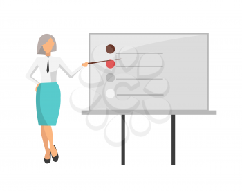 Woman dressed formally in blouse and skirt giving information that is written at whiteboard, on vector illustration isolated on white