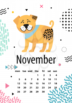 November page of calendar with happy dog surrounded by doodles on white background. Vector illustration with cute 2018 symbol due Chinese calendar