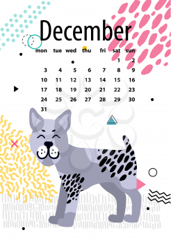 December calendar for 2018 year with bullterrier that has black dots on grey fur vector illustration. Poster with month dates and symbol of year.