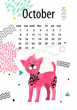 Calendar for October 2018 with Chinese crested dog that has bright pink fur with black spots and funny forelock cartoon vector illustration.