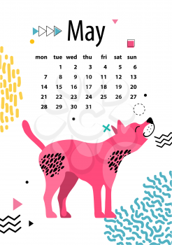 May calendar for 2018 year with American hairless terrier with pink skin vector illustration. Dates of month and animal Chinese zodiac symbol.