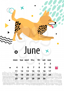 Calendar for June 2018 with playful foxterrier that shows his tongue cartoon vector illustration. Dog as symbol of new year by Chinese horoscope.