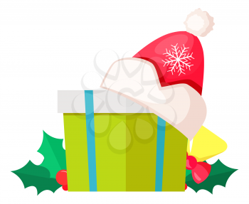 Green gift box isolated with Santa Claus hat on cover. Christmas decoration set in cartoon style on white. Vector illustration of present case, adorned red cap with snowflake and tree leaves with bell