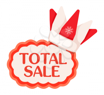 Total sale tag with red-white crown with snowflake in Santa Claus style on top. Flat vector illustration of traditional seasonal price discount festive label with red wavy contour in cartoon style.