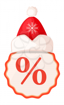 Round tag with red percent sign inside and Santa Claus hat on top. Time for seasonal discounts in shops. Vector illustration of label with wavy contour decorated with Christmas red-white cap