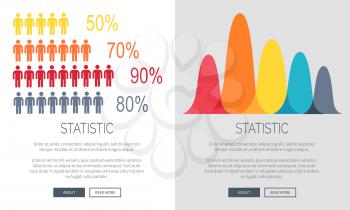 Statistic illustration set of two versions of web page design with different bar graphs. Vector illustration of statistics with buttons and text