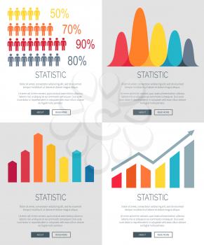 Statistic representation set of four web page designs with colorful bar graphs. Vector illustration of data with room for text and buttons