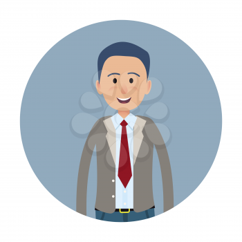 Joyed businessman isolated on white icon. Smiling male character in business suit and tie half-length portrait flat vector. Happy office worker or clerk cartoon illustration in circle for user avatars