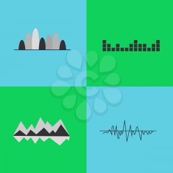 Set of four black and white charts of simple geometric forms, lines and rounded shapes, represented on vector illustration isolated on blue and green