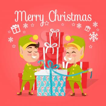 Two happy elves with big present worn in green with yellow costumes and hat. Vector illustration of pixies with gift pack for children. Pattern of candies on box with blue ribbon