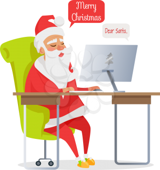 Merry Christmas banner of Santa mail isolated on white. Vector in cartoon style of happy Santa Claus sitting at table and reading online Christmas letters. Getting mails from children with wishes