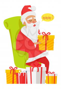 Sitting Santa Claus among big colourful presents. Vector illustration of old bearded man in armchair laughing ho-ho-ho and holding yellow gift with red ribbon and bow. Preparation to Christmas holiday