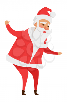 Santa Claus with stretched arms isolated on white. Father Christmas decorative statue in cartoon design. Funny magic character in flat. Saint Nick vector illustration in winter holiday concept.