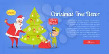 Christmas tree decor web banner. Vector illustration of Santa Claus and gnome decorating bog Christmas tree with sweet candies, toy candles and white snowflakes in cartoon style holiday concept