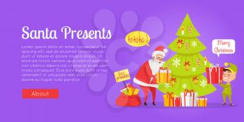 Xmas and fast delivery of best presents isolated. Vector illustration of Santa Claus and gnome packing presents in boxes with red ribbon near decorated Christmas tree in cartoon style.