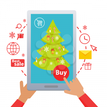 Buying nice green New Year fir tree online on white background. Vector illustration of buying green Christmas tree with help of modern gadgets in Internet. Decorated by bells snowflakes and canes.