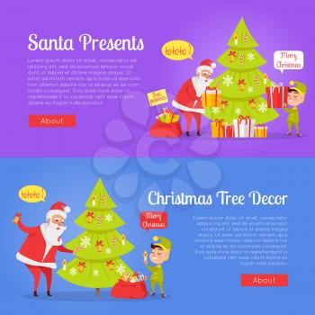 Colourful poster of pictures with Santa Claus presents and Christmas tree decor. Vector illustrations with cartoon Santa and gnome decorating evergreen tree and putting gift boxes under spruce.