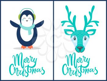 Merry Christmas, placards including letterings and icons of penguin with blue scarf, and image of reindeer with big horns, on vector illustration