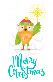 Merry Christmas greeting card with Owl in knitted winter hat with bright sparkler on long stick isolated vector illustration on white background. Funny animal celebrates Christmas.