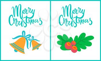 Merry Christmas, collection of placards depicting bells with blue ribbon and bow, and green leaves with berries images isolated on vector illustration