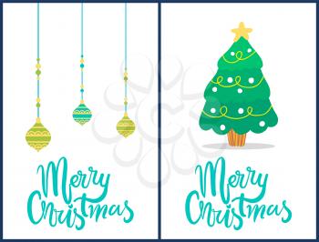 Merry Christmas, set of banners with balls of blue and green color hanging on thread, and image of tree decorated with garlands vector illustration