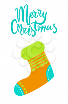 Merry Christmas greeting card with knitted Xmas holiday sock to hang on fireplace isolated cartoon flat vector, festive symbolic accessory for gifts.