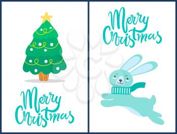 Merry Christmas, rabbit wearing blue scarf and running left, and icon of decorated pine tree, that is symbol of winter holidays on vector illustration
